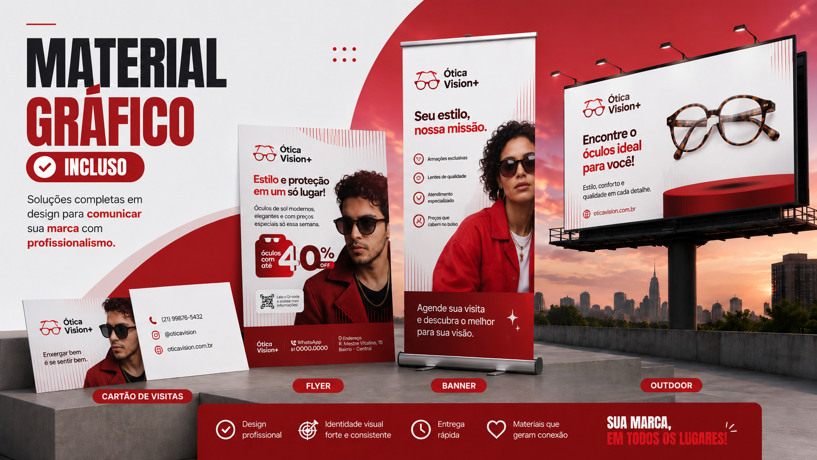 Mockup de materiais gráficos para ótica — cartão de visitas, flyer, banner e outdoor